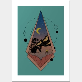 Camping Under the Moonlight Mountains and Trees Posters and Art